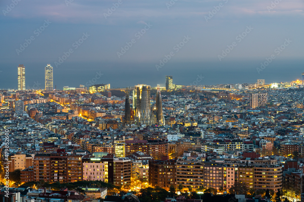 Aerial view of Barcelona at dawn. Spain