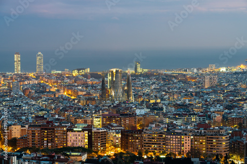 Aerial view of Barcelona at dawn. Spain