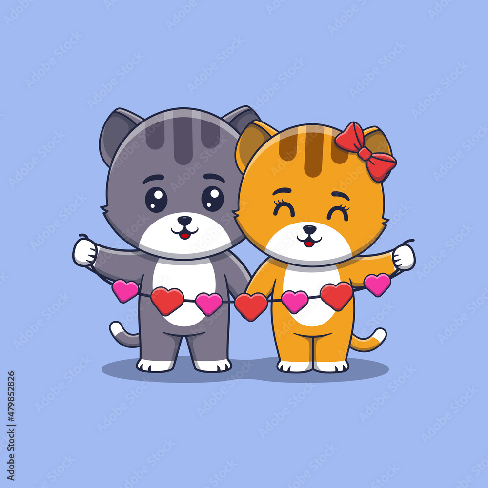 Cute Valentine's day cat couple holding hearts garland Cute Valentine's day cat couple holding hearts garland