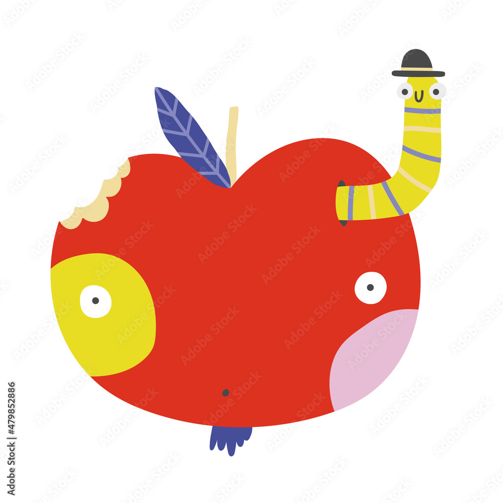 Cartoon apple and worm. Cute yellow worm in a hat comes out of a red ...