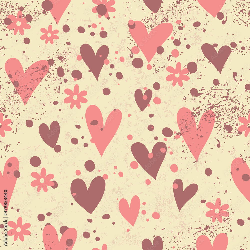 Elegant template for fashion prints. Seamless pattern with hearts in retro style. Beige background.