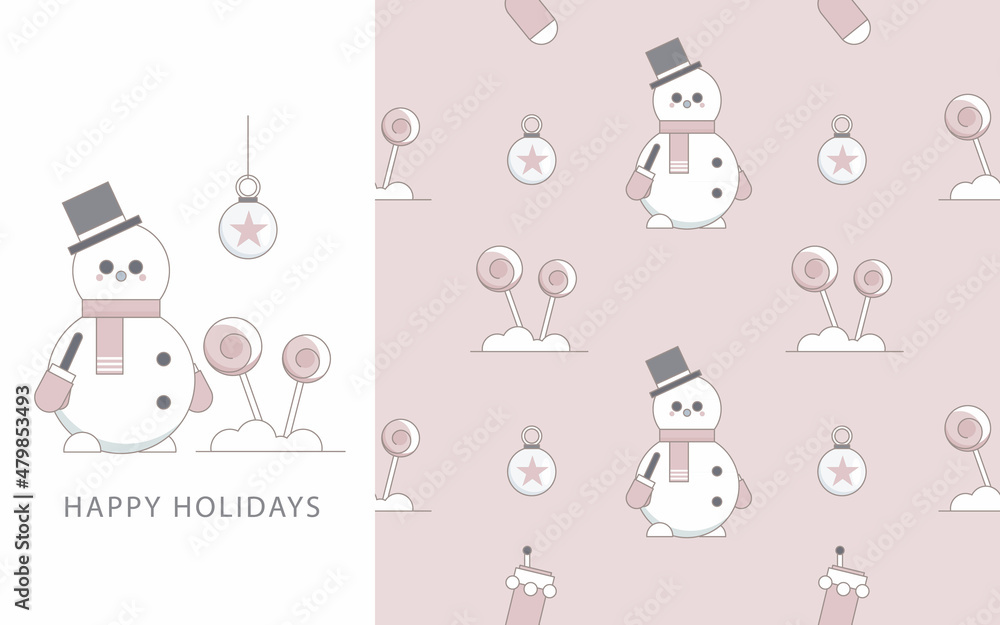 Cute cartoon card   with snowman and seamless pattern set