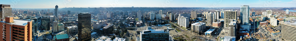 Aerial panorama of Hamilton, Ontario, Canada downtown in late autumn