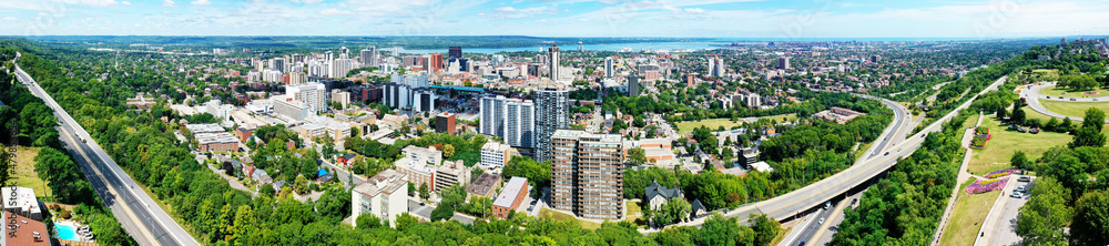 Aerial panorama view of Hamilton, Ontario, Canada downtown in late summer