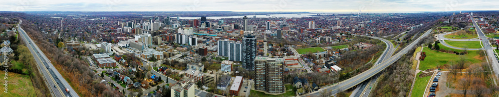 Aerial panorama view of Hamilton, Ontario, Canada downtown in late autumn
