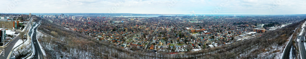 Aerial panorama view of Hamilton, Ontario, Canada downtown in early winter