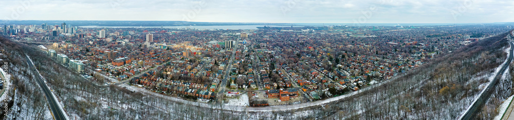 Aerial panorama scene of Hamilton, Ontario, Canada downtown in early winter