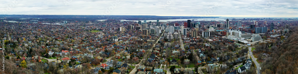 Fototapeta premium Aerial panorama scene of Hamilton, Ontario, Canada downtown in late autumn