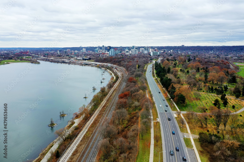 Aerial of traffic by Hamilton harbour in Ontario, Canada