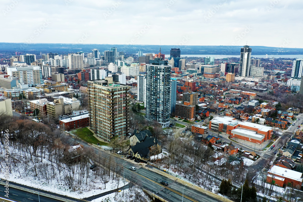 Aerial of Hamilton, Ontario, Canada downtown in early winter