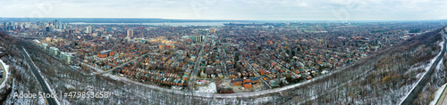 Aerial panorama scene of Hamilton, Ontario, Canada downtown in early winter