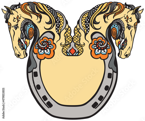 horseshoe and heads of two horses. Floral style decor, emblem, a symbol of luck and fortune. Vector illustration
