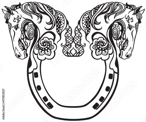 horseshoe and heads of two horses. Floral style decor, emblem, a symbol of luck and fortune. Black and white vector illustration