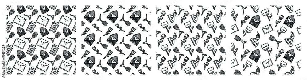Set of vector seamless patterns. Hearts, flowers, gifts and letters in doodle style. Pack of surface design with love concept. Background for cards, social media posts, printing on wrapping paper.
Set of vector seamless patterns. Hearts, flowers, gifts and letters in doodle style. Pack of surface design with love concept. Background for cards, social media posts, printing on wrapping paper.
