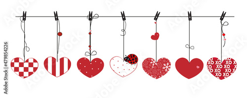 Hanging red hearts Happy Valentine's day greeting card