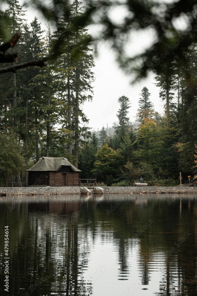 A small wooden cabin and Black lake at Sumava national park