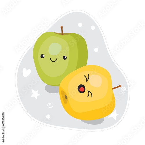 Kawaii cute fruit yellow and green apple characters. Character in cartoon style. Ready sticker. Vector illustration, flat style.