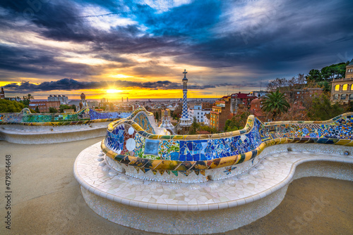 Beautiful sunrise skyline of Barcelona seen from Park Guell which was built in 1926