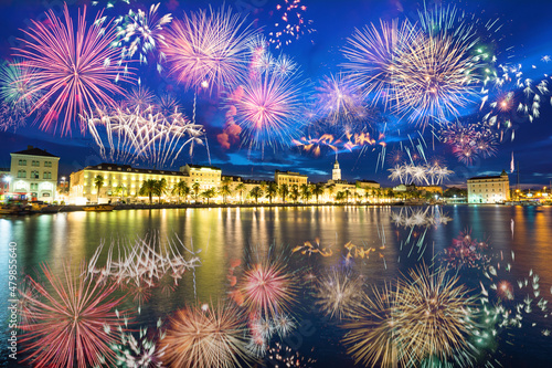 Riva promenade and Diocletian Palace with fireworks. Split, Croatia