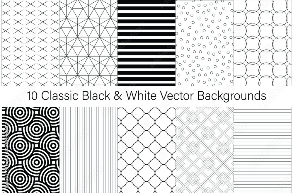 Vector set of abstract black and white geometric backgrounds. Seamless. Modern, classic, futuristic, business backgrounds. Simple backgrounds.