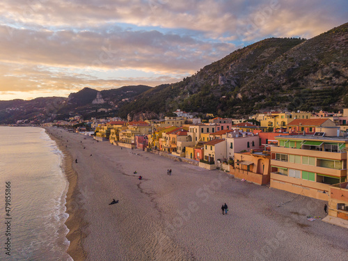 Aerial view of the beach of Varigotti during blue hour. Liguria, Italy