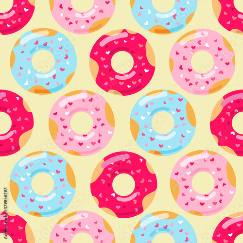 Donuts with hearts sprinkling seamless pattern. Food repeat vector illustration. Romantic design for Valentine's day, textile, wrapping paper, cafe stuff, birthday packaging, background.