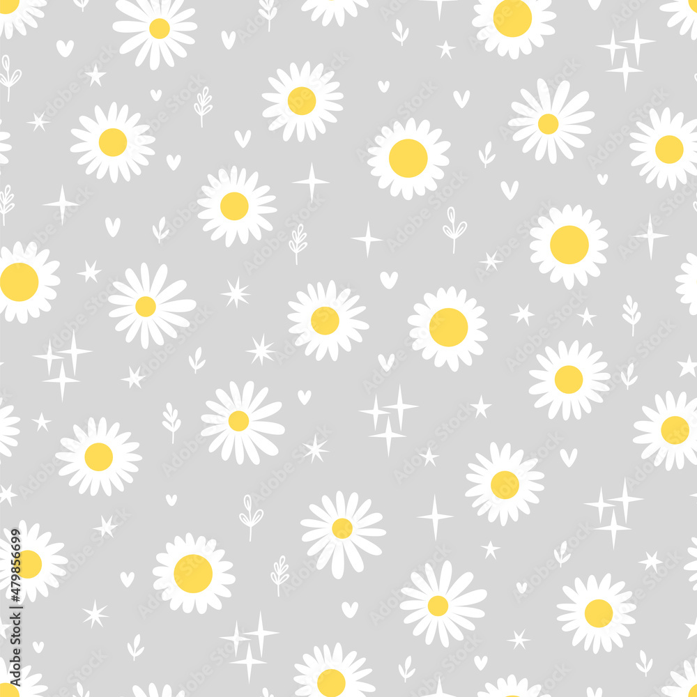 Obraz premium Floral print with chamomile. Daisy seamless pattern. Design great for fabric, textile, wrapping paper