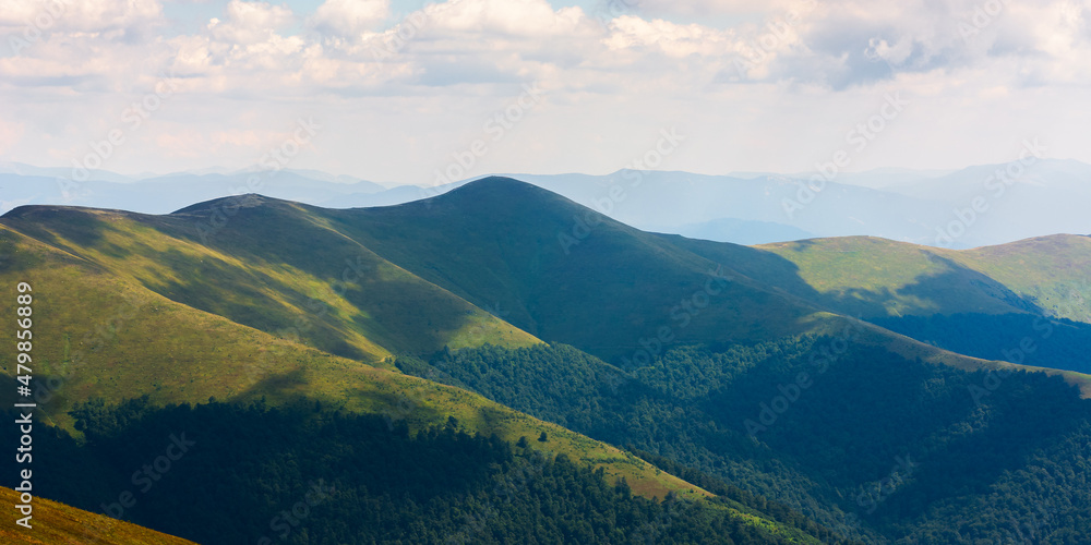 beautiful nature scenery in mountains. landscape of borzhava ridge on a sunny day. forested hills. and grassy meadows in dappled light. clouds on the sky above the horizon