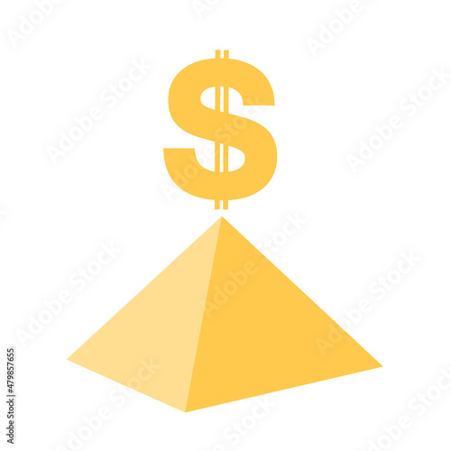 Yellow pyramid with US dollar on the top as metaphor of Ponzi scheme and pyramid scheme. Top is earning money, finance, cash and income. Vector illustration isolated on white.