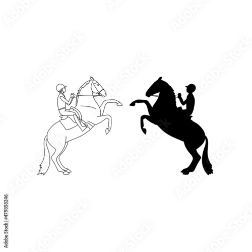 Rider and the horse perform a trick, the horse stands on its hind legs, linear pattern and silhouette