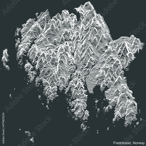 Topographic negative relief map of the city of FREDRIKSTAD, NORWAY with white contour lines on dark gray background