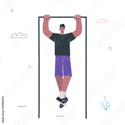 Hipster guy pull up on horizontal bar. Young man street workout exercise. Male person work-out. Healthy active lifestyle and sport creative concept. Vector eps illustration