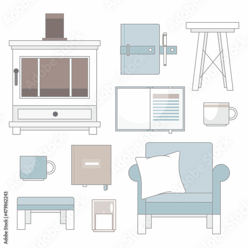 Reading Nook. Set of cute hygge elements, furniture and home decorations 