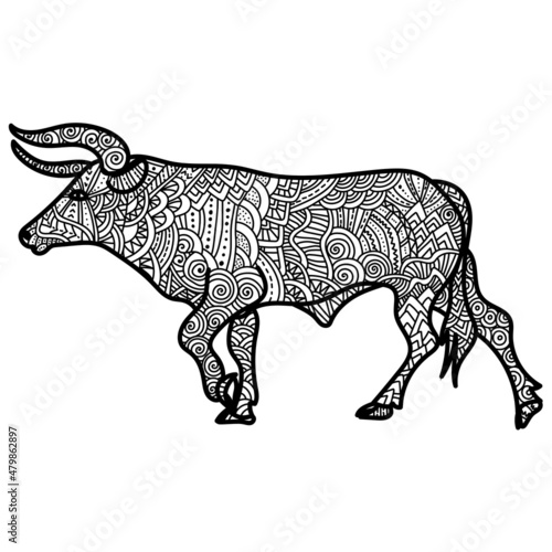 Animal symbol of the eastern horoscope Ox with ornate patterns, meditative animalistic coloring page
