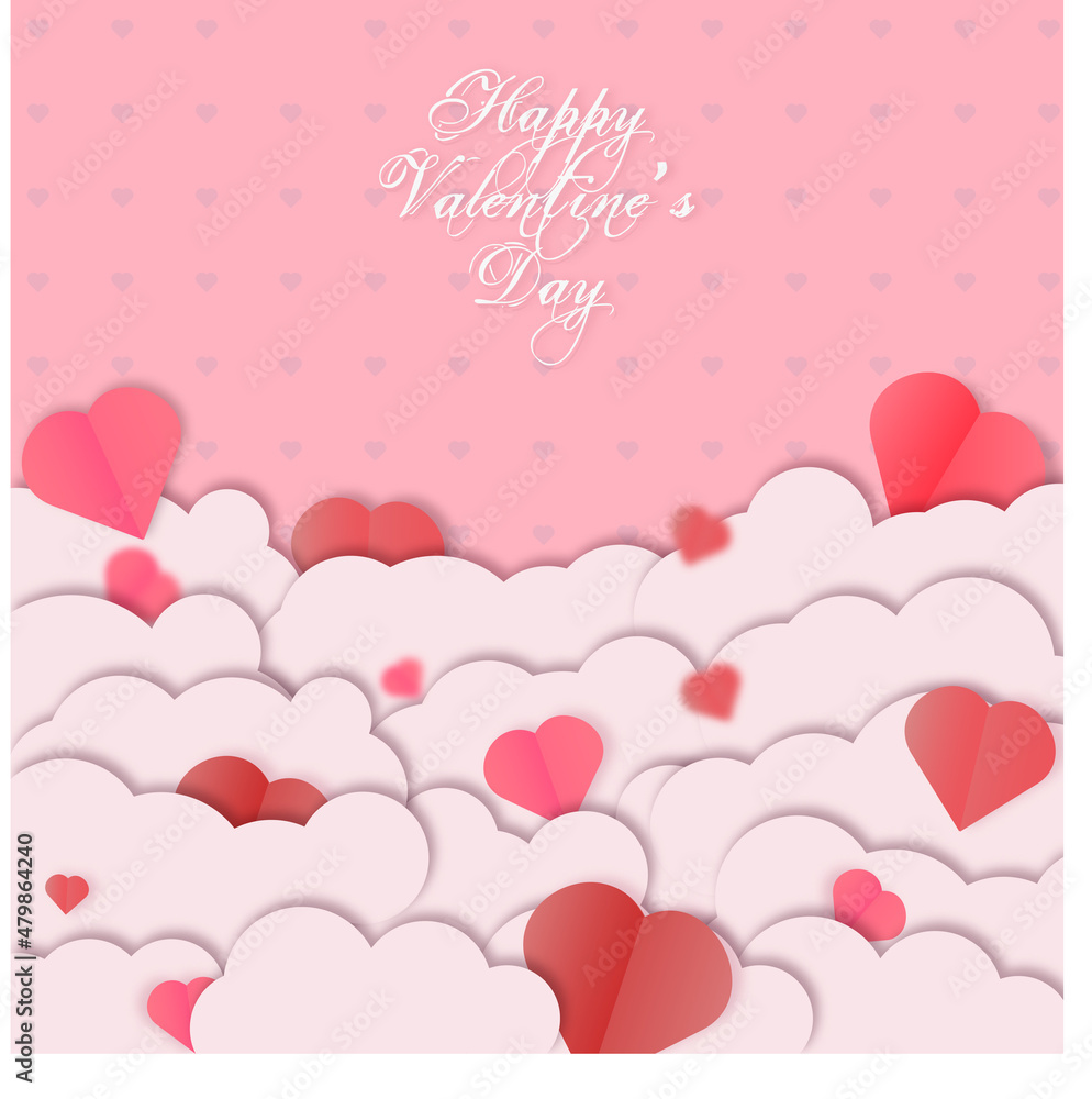 Valentine's Day greeting card with clouds and heart.
Paper cut style.Vector Illustration