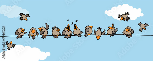 flock of crazy sparrows with humor and a smile fly across the sky with clouds photo