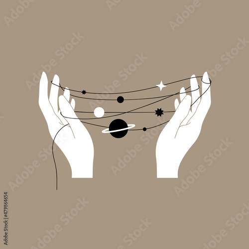 Astrology and esoteric. White hands, thread, planets, stars. Isolated brown background. Perfect for an avatar, logo, postcard.