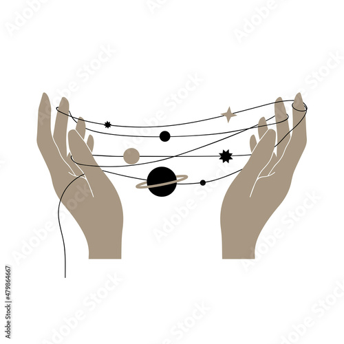 Astrology and esoteric. Brown hands, thread, planets, stars. Isolated white background. Perfect for an avatar, logo, postcard.