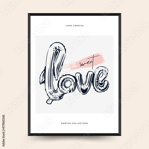Modern Valentine's day vertical flyer or poster template. Love hand drawn trendy illustration.