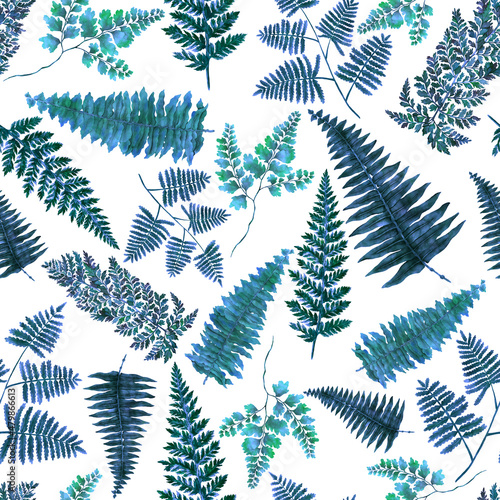 Watercolor seamless pattern with fern leaves. Foliage decoration. Vintage botanical exotic illustration wallpaper. 