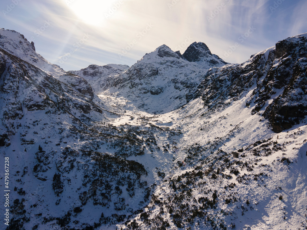 Aerial winter landscape of Rila Mountain near Malyovitsa peak, Bulgaria