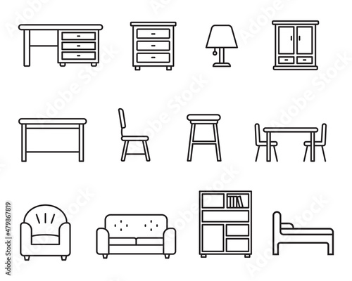 Set of furniture icon in linear style isolated on white background. Simple furniture vector illustrations