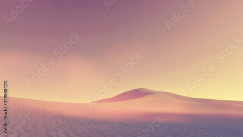 Abstract desert landscape with sand dunes under clear cloudless sky at sunset or sunrise. With no people simple minimalist wilderness scenery 3D illustration from my 3D rendering file. photo