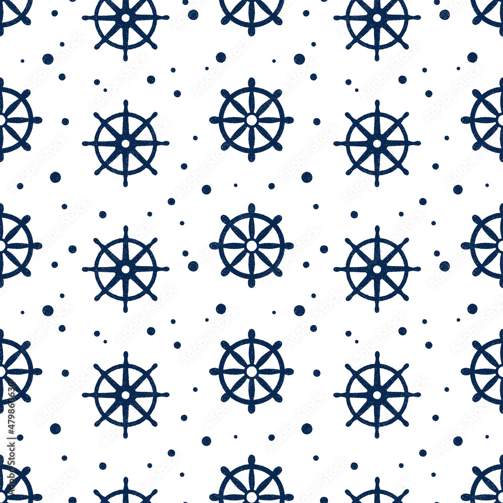 Vector pattern in doodle style with steering wheel and bubbles on white background. Seamless pattern on marine concept