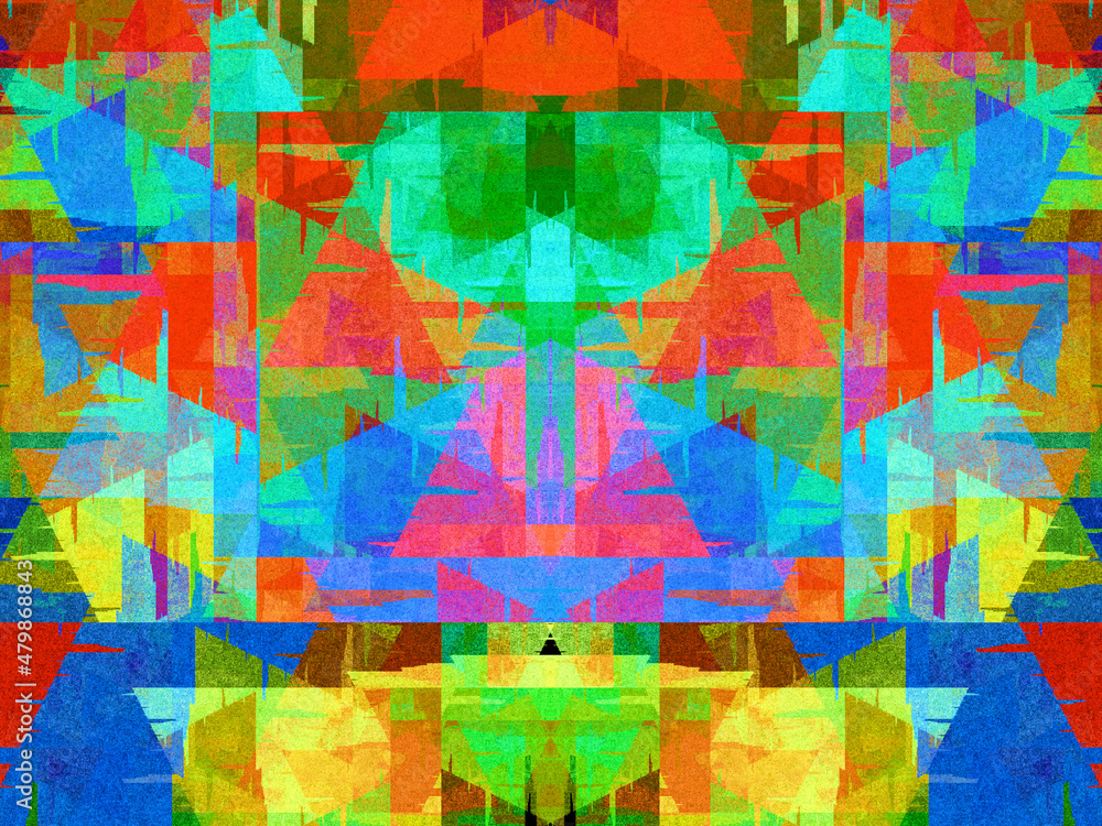 Creación de arte digital fractal compuesto de manchas angulares con efecto relieve en una formación psicodélica de colores estridentes.