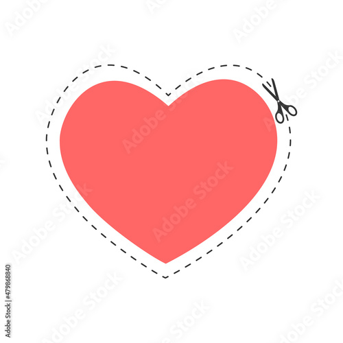 Scissors cutting heart shape with dotted outline line. Valentine day cut here pictogram for paper discount coupons, vouchers, promo codes. Vector flat illustration.