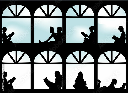Silhouettes of people with a book.