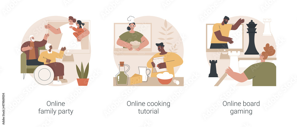 Quarantine leisure time abstract concept vector illustration set. Online family party, cooking tutorial, board gaming, web video call, food blogger, social media, home entertainment abstract metaphor.