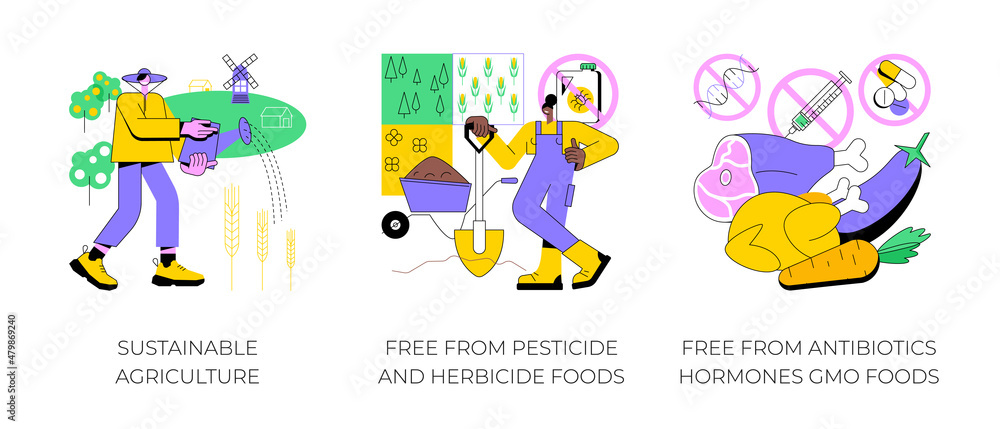 Natural farming abstract concept vector illustration set. Sustainable agriculture, free from pesticide, herbicide, antibiotics and hormones GMO foods, organic farm market, watering abstract metaphor.