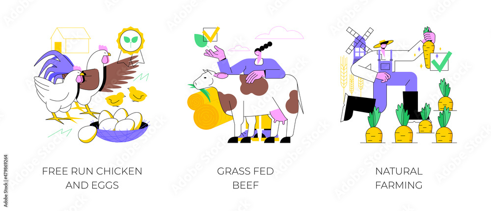 Eco farming abstract concept vector illustration set. Free run chicken and eggs, grass fed beef, natural farming, agro-industry, rich nutrient diet, organic food, agriculture abstract metaphor.
